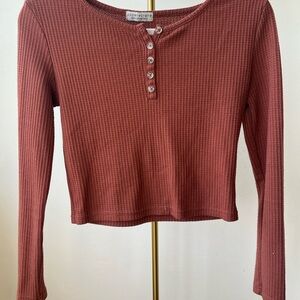 Women's Ribbed Henley Top - Rust